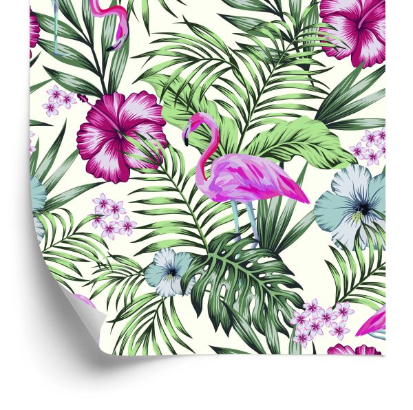 Behang Tropisch - Flamingo's Bladeren En Bloemen