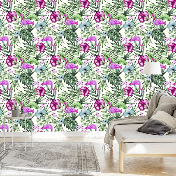 Behang Tropisch - Flamingo's Bladeren En Bloemen - Afbeelding 3