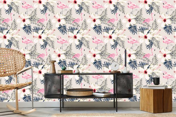 Behang Flamingo's Bladeren En Bloemen - Afbeelding 5