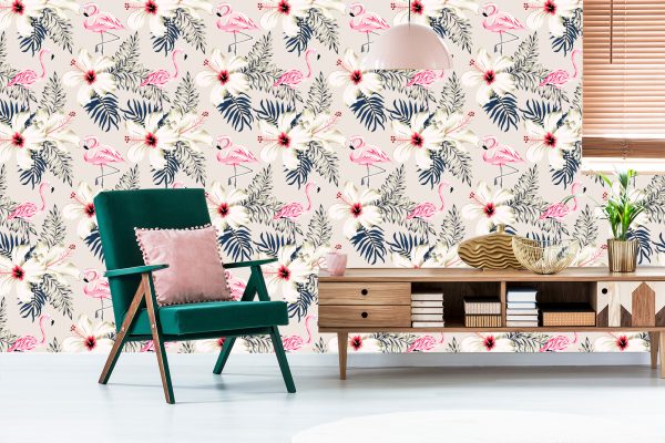 Behang Flamingo's Bladeren En Bloemen - Afbeelding 6