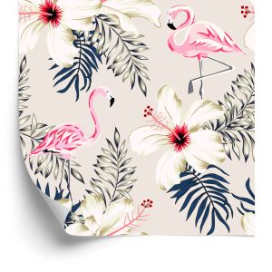 Behang Flamingo's Bladeren En Bloemen