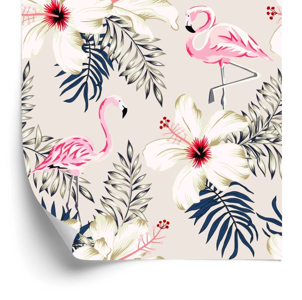 Behang Flamingo's Bladeren En Bloemen