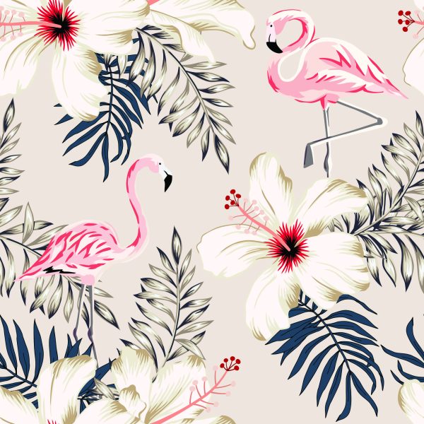 Behang Flamingo's Bladeren En Bloemen - Afbeelding 2