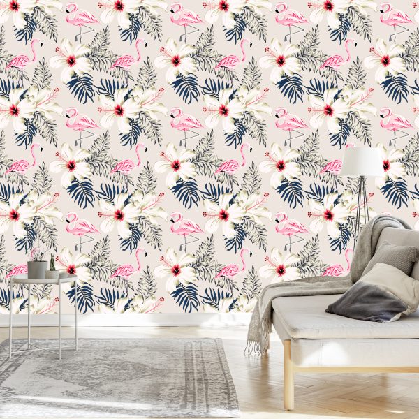 Behang Flamingo's Bladeren En Bloemen - Afbeelding 3