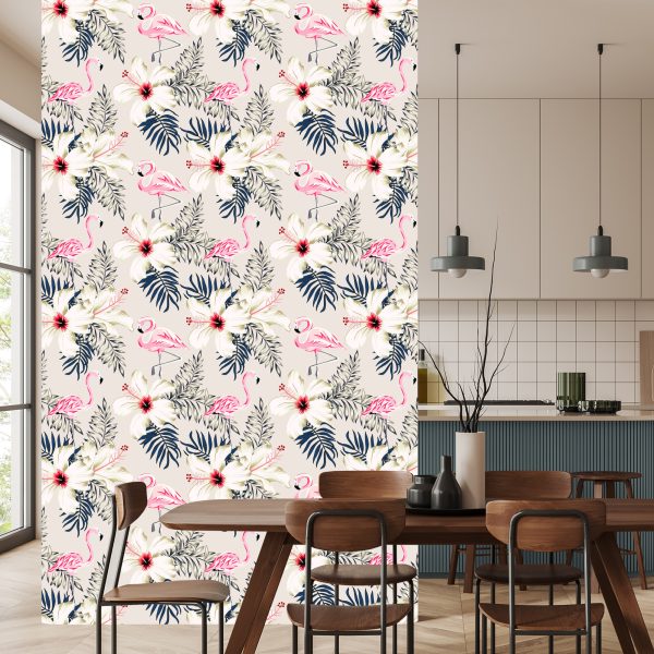 Behang Flamingo's Bladeren En Bloemen - Afbeelding 4