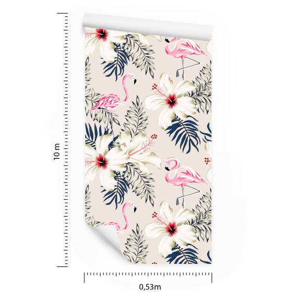 Behang Flamingo's Bladeren En Bloemen - Afbeelding 8