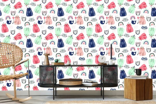 Behang Voor Kinderen - Katten En Een Regenboog In Scandinavische Stijl - Afbeelding 5