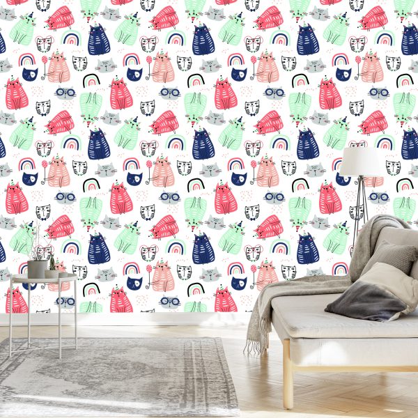 Behang Voor Kinderen - Katten En Een Regenboog In Scandinavische Stijl - Afbeelding 3