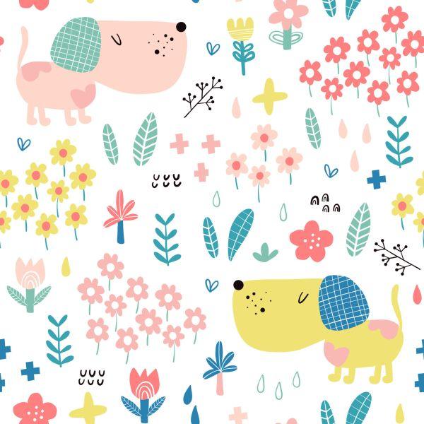 Behang Voor Kinderen - Kleurrijke Honden En Bloemen - Afbeelding 2