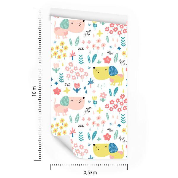 Behang Voor Kinderen - Kleurrijke Honden En Bloemen - Afbeelding 8