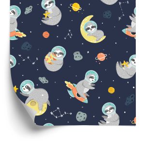 Behang Voor Kinderen - Ruimteluiaards Die Planeten, Sterren En Manen Knuffelen