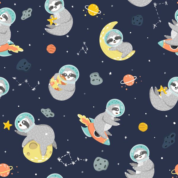 Behang Voor Kinderen - Ruimteluiaards Die Planeten, Sterren En Manen Knuffelen - Afbeelding 2