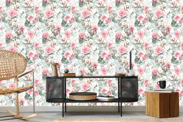 Behang Rozen En Eucalyptusbladeren Beschilderd Met Waterverf - Afbeelding 5