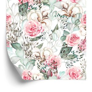 Behang Rozen En Eucalyptusbladeren Beschilderd Met Waterverf