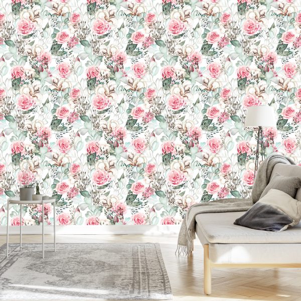 Behang Rozen En Eucalyptusbladeren Beschilderd Met Waterverf - Afbeelding 3