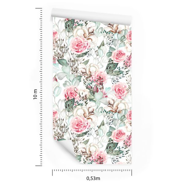 Behang Rozen En Eucalyptusbladeren Beschilderd Met Waterverf - Afbeelding 8