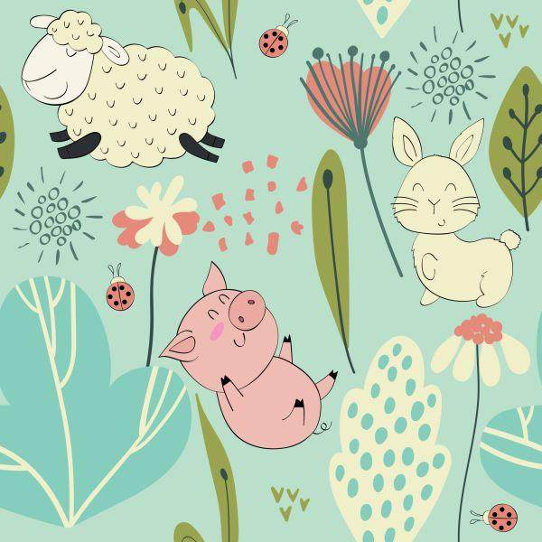 Behang Voor Kinderen - Grappige Schapen, Konijnen En Varkens - Afbeelding 2