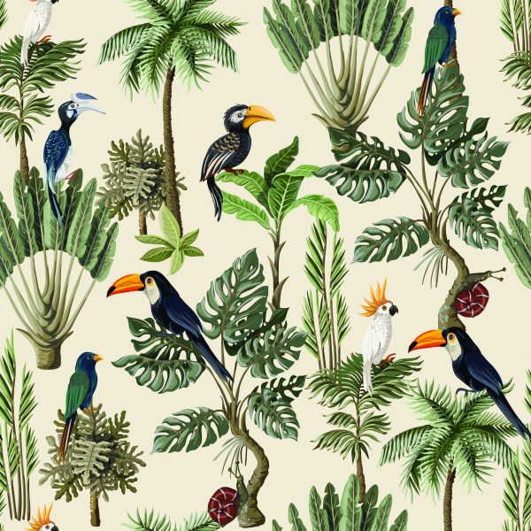 Behang Exotische Vogels En Planten In Vintage Stijl - Afbeelding 2