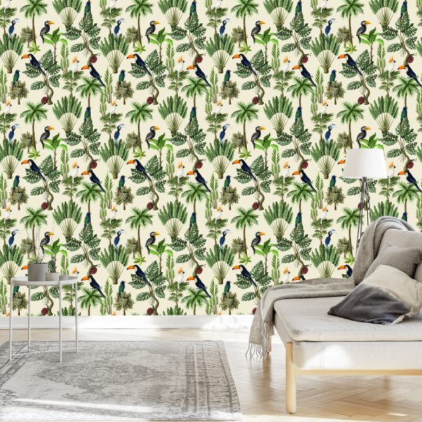 Behang Exotische Vogels En Planten In Vintage Stijl - Afbeelding 3
