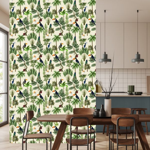 Behang Exotische Vogels En Planten In Vintage Stijl - Afbeelding 4