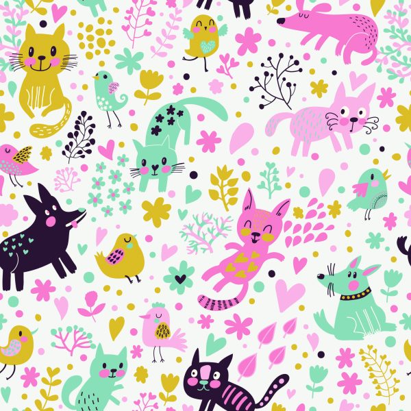 Behang Voor Kinderen - Kleurrijke Katten, Honden En Vogels - Afbeelding 2