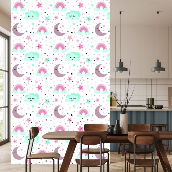 Behang Voor Kinderen - Slapende Wolken, Manen, Sterren En Regenbogen - Afbeelding 4