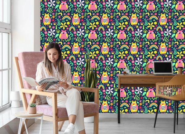 Behang Voor Kinderen - Kleurrijke Uilen En Bloemen - Afbeelding 7