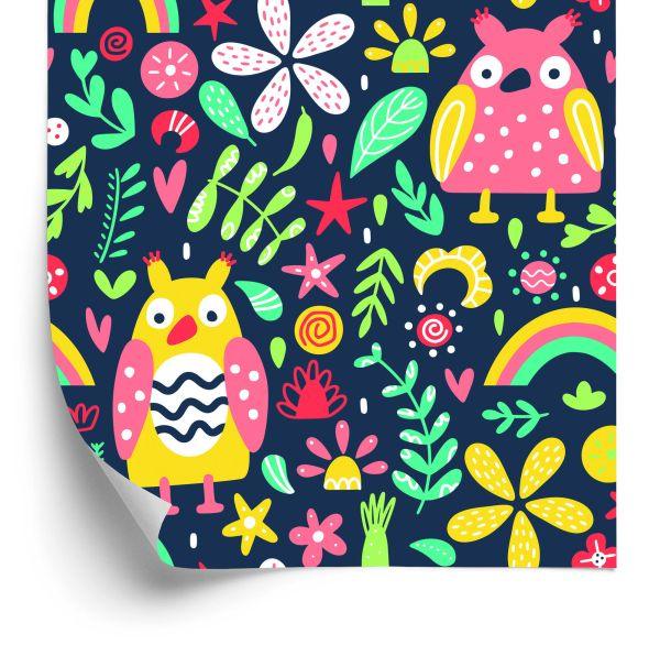 Behang Voor Kinderen - Kleurrijke Uilen En Bloemen