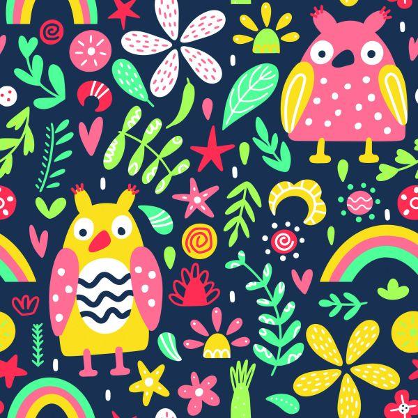 Behang Voor Kinderen - Kleurrijke Uilen En Bloemen - Afbeelding 2