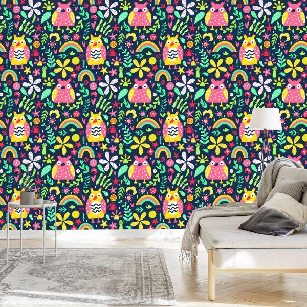 Behang Voor Kinderen - Kleurrijke Uilen En Bloemen - Afbeelding 3