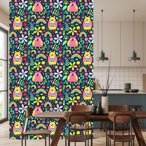 Behang Voor Kinderen - Kleurrijke Uilen En Bloemen - Afbeelding 4