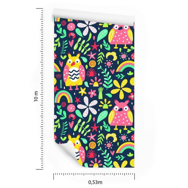 Behang Voor Kinderen - Kleurrijke Uilen En Bloemen - Afbeelding 8