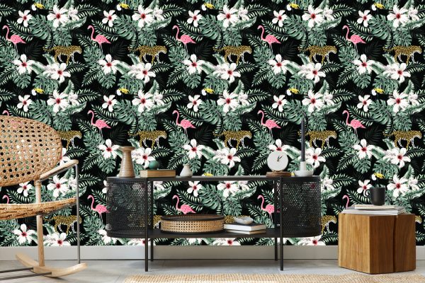 Behang Exotische Bladeren, Bloemen En Dieren - Afbeelding 5