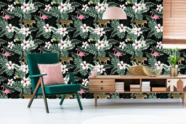 Behang Exotische Bladeren, Bloemen En Dieren - Afbeelding 6