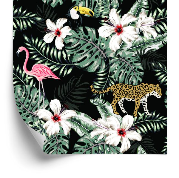Behang Exotische Bladeren, Bloemen En Dieren