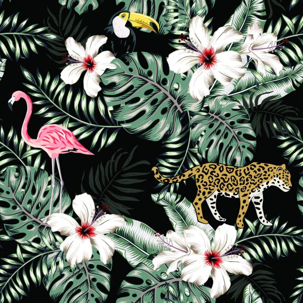 Behang Exotische Bladeren, Bloemen En Dieren - Afbeelding 2