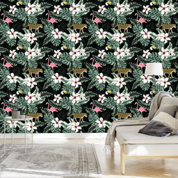 Behang Exotische Bladeren, Bloemen En Dieren - Afbeelding 3