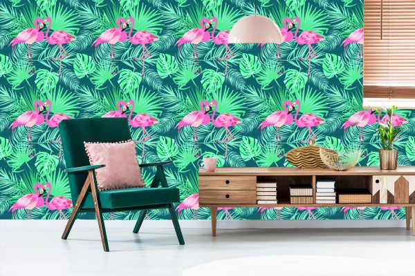 Behang Decoratieve Flamingo's Bladeren - Afbeelding 6
