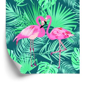 Behang Decoratieve Flamingo's Bladeren