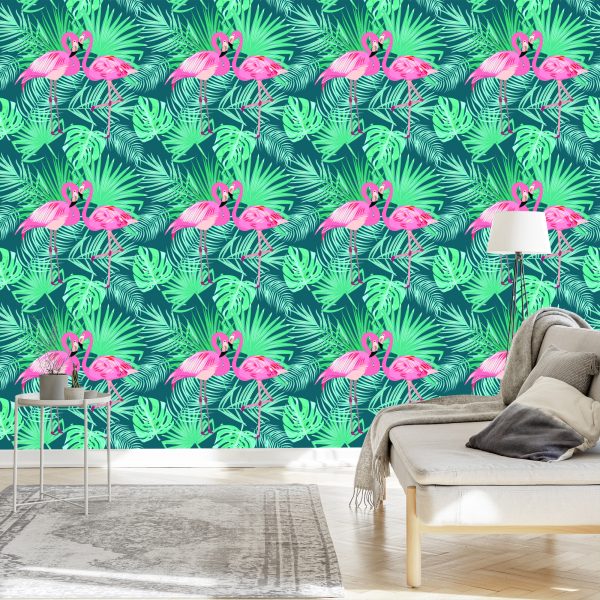 Behang Decoratieve Flamingo's Bladeren - Afbeelding 3