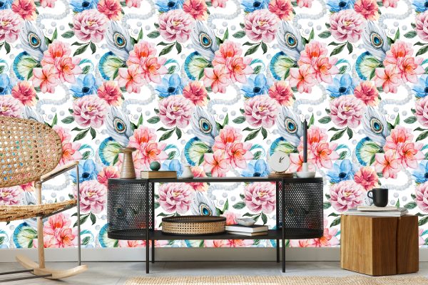 Behang Pauwenveren Bloemen En Parels - Afbeelding 5