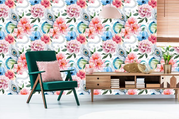 Behang Pauwenveren Bloemen En Parels - Afbeelding 6