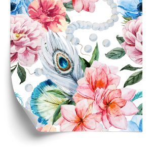 Behang Pauwenveren Bloemen En Parels
