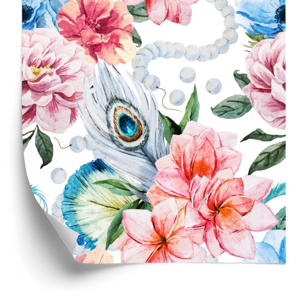 Behang Pauwenveren Bloemen En Parels