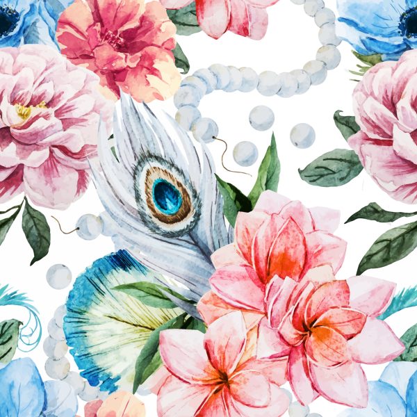 Behang Pauwenveren Bloemen En Parels - Afbeelding 2