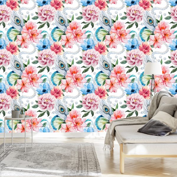 Behang Pauwenveren Bloemen En Parels - Afbeelding 3