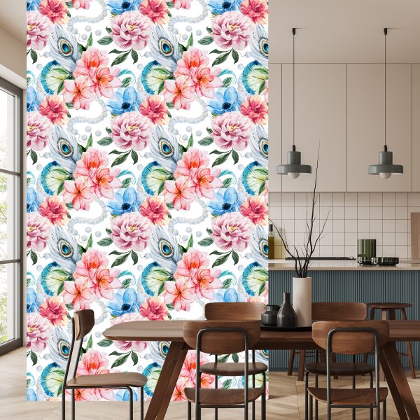 Behang Pauwenveren Bloemen En Parels - Afbeelding 4