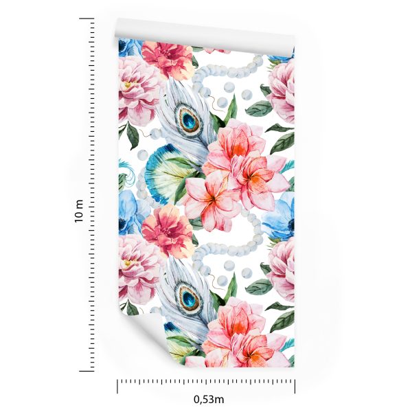Behang Pauwenveren Bloemen En Parels - Afbeelding 8