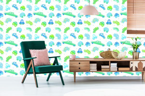 Behang Voor Kinderen - Blauw - Groene Auto's - Afbeelding 6