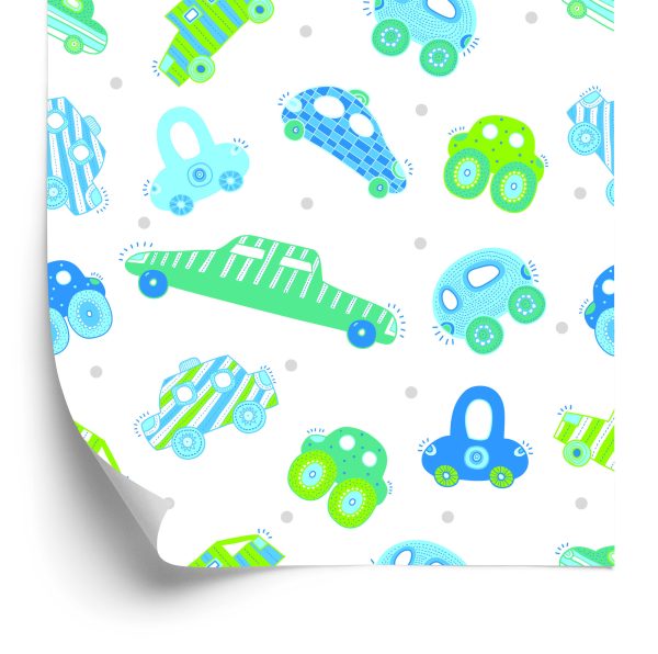 Behang Voor Kinderen - Blauw - Groene Auto's
